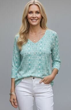 CHICO'S TOP TURQUOISE WHITE GEO PRINT ULTIMATE TEE SHIRT V-NECK SZ 3 XLARGE